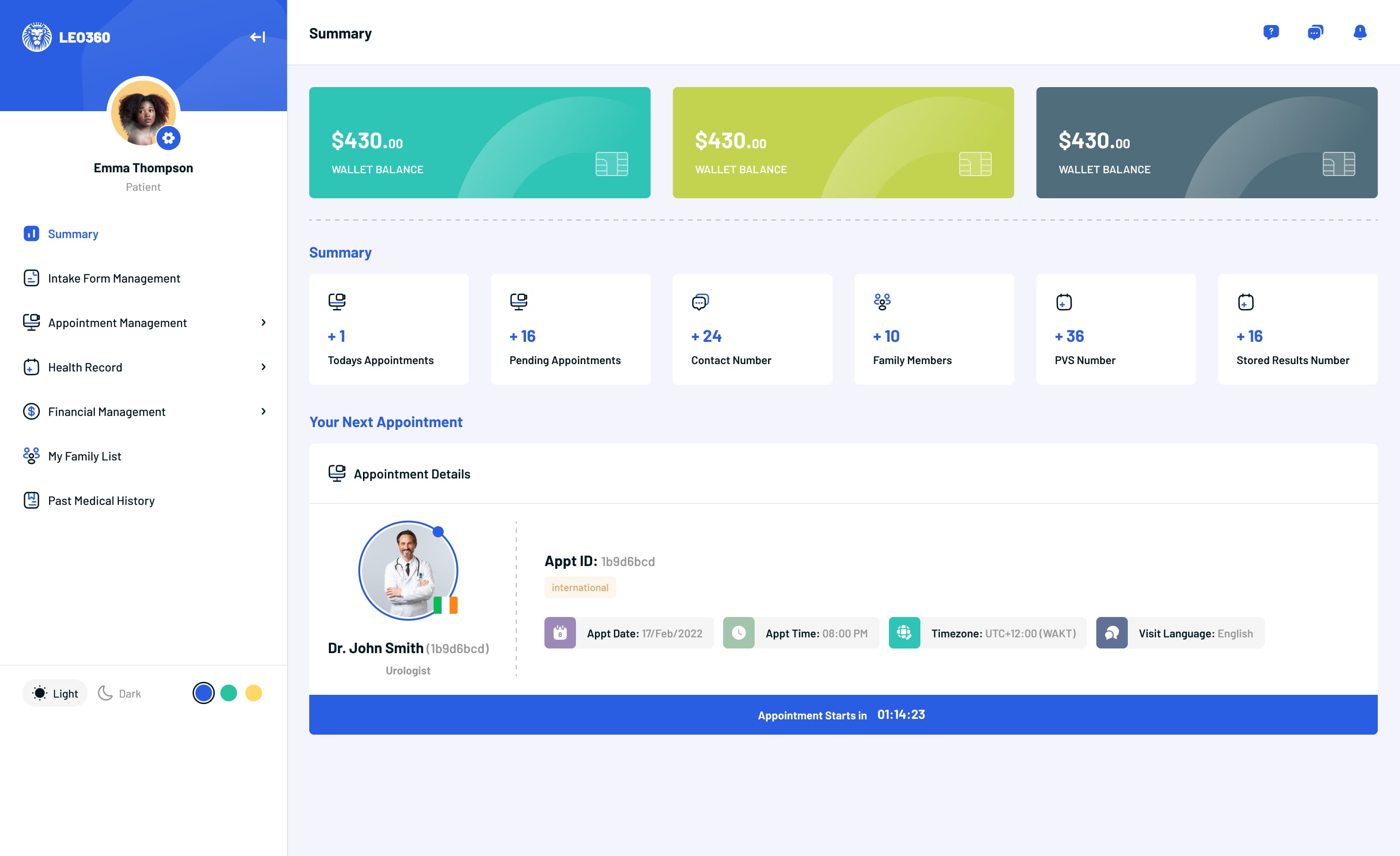 Leo360 — patient dashboard & upcoming appointment